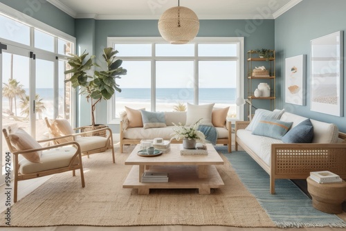 Large Living Room with a Serene Sea View Using Generative AI
