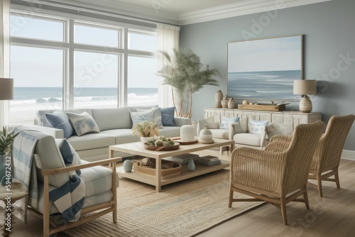 Large Living Room with a Serene Sea View Using Generative AI © jambulart