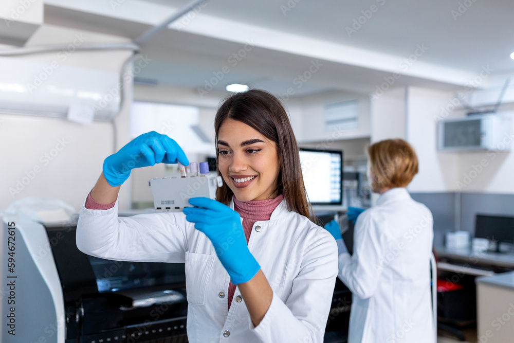 Laboratory assistant putting test tubes into the holder. Scientist doctor looking at blood test tube working at biochemistry experiment in microbiology hospital laboratory.