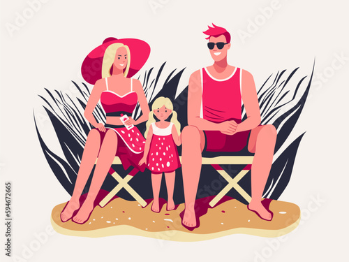 Happy family is resting in park, on beach. Mom, dad and daughter spend their free time outdoors. People enjoy summer in nature. Flat character vector illustration.