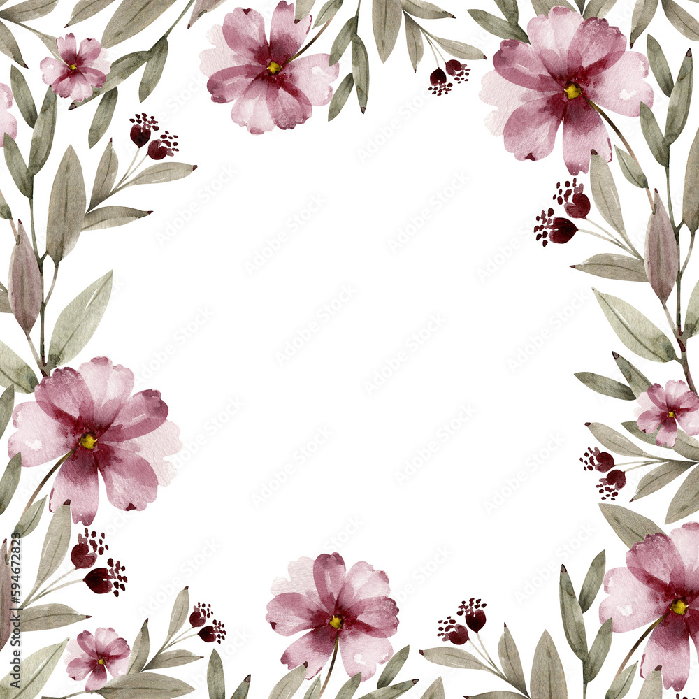 Square frame with delicate pink watercolor flowers painted by hand.	
