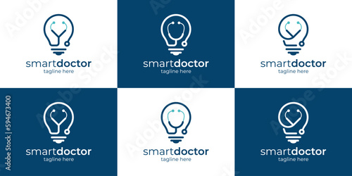 Collection of light bulb logo design with stethoscope design graphic vector illustration. Smart doctor symbol, icon, creative.