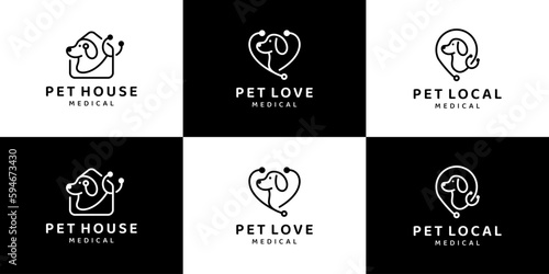 Collection of animal pet logo design with love, house, location and stethoscope design graphic vector illustration. Pet care symbol, icon, creative.