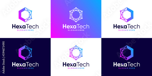 Collection of Blockchain logo design with abstract dot, Cryptocurrency Hexagon, molecule and system graphic design vector illustration.