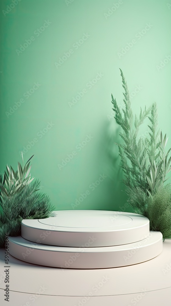 Empty podium, natural mock up display, blank eco plants stand cosmetic product fashion ads on minimal branches leaves green background. Luxury pedestal nature mockup scene platform ai generative. Empty podium, natural mock up display, blank eco plants stand cosmetic product fashion ads on minimal branches leaves green background. Luxury pedestal nature mockup scene platform ai generative.