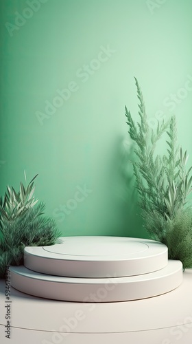 Empty podium, natural mock up display, blank eco plants stand cosmetic product fashion ads on minimal branches leaves green background. Luxury pedestal nature mockup scene platform ai generative.