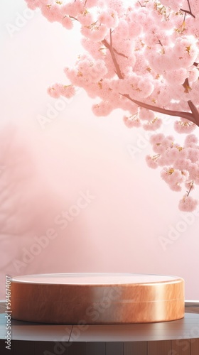 Empty podium, natural mock up display, cosmetic product fashion ads stand on minimal sakura blossom flowers background. Spring vertical pedestal nature mockup scene platform ai generative.