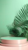 Empty podium, natural mock up display, blank eco plants stand cosmetic product fashion ads on minimal branches leaves green background. Luxury pedestal nature mockup scene platform ai generative.
