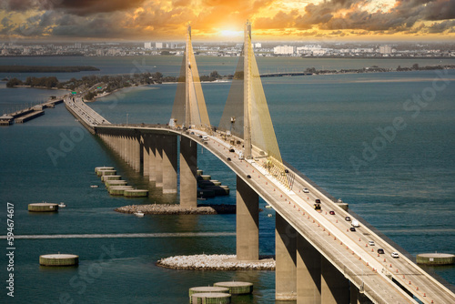Cuadro en lienzo Sunshine Skyway Bridge over Tampa Bay in Florida with moving traffic