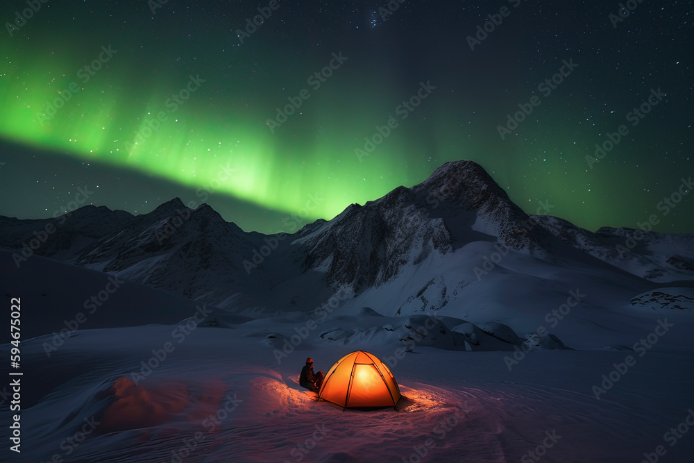 Camping tents under Arctic Aurora. AI technology generated image