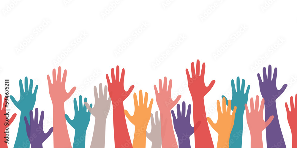 Hands raised up, different people from different ethnic groups. isolated on white background. Colorful silhouettes of people's hands, vector interracial illustration