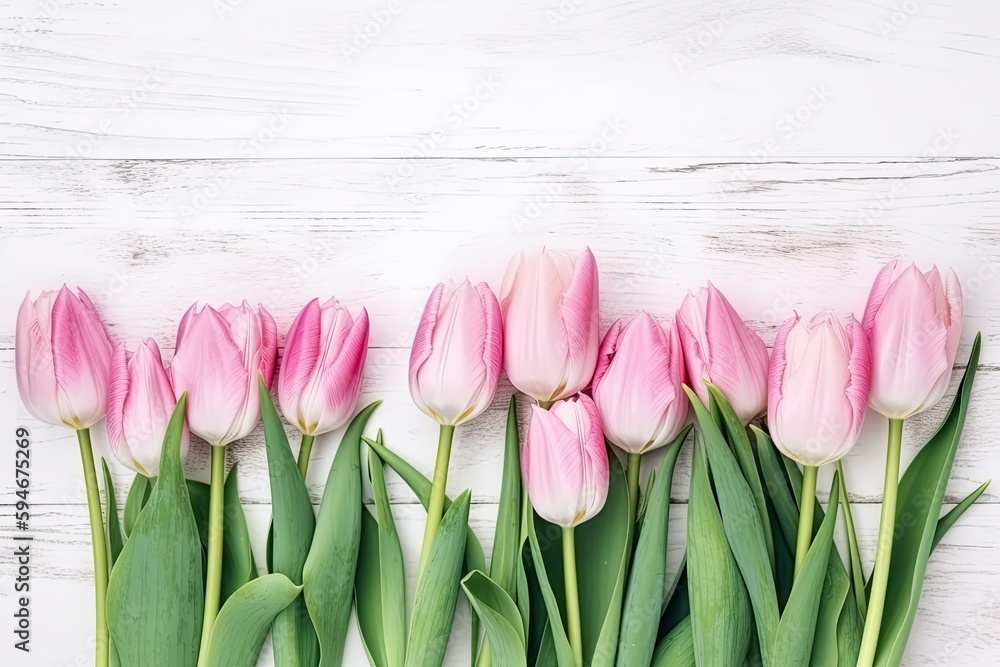 pink tulips on wooden white background, ai generative
