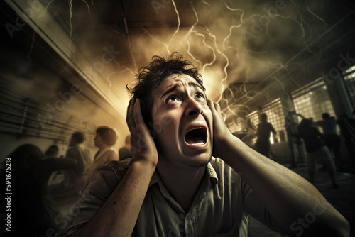 a man panicking, overwhelmed by noise. Created with generative AI technology
