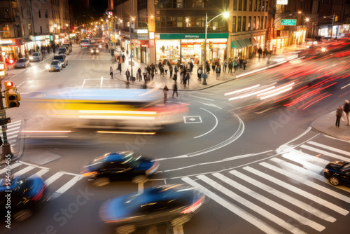 aerial view of cross street with motion blur cars