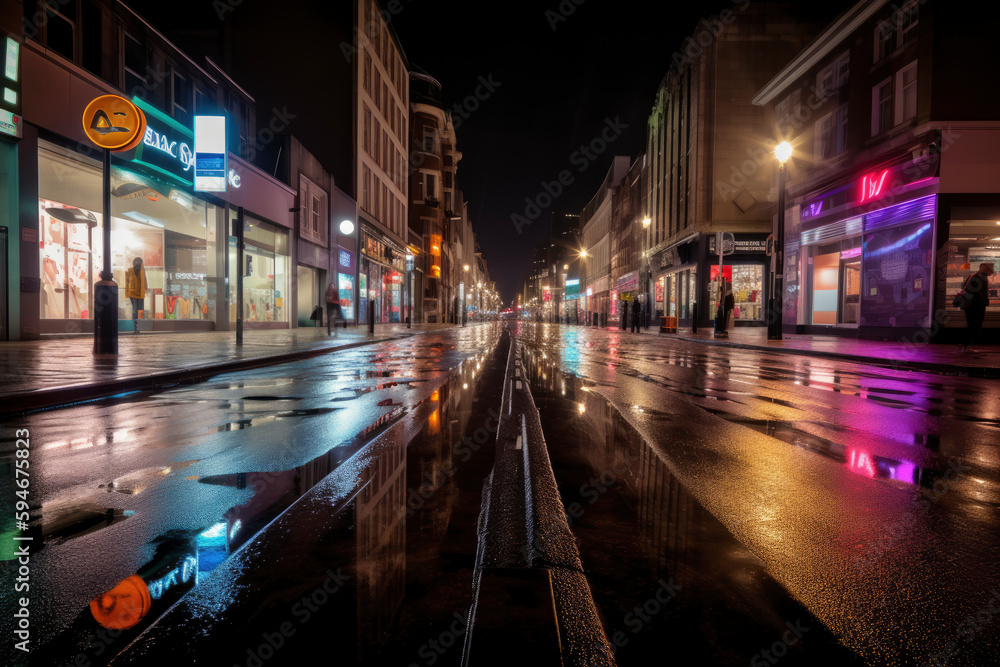night treet with wet road and colorfuil building