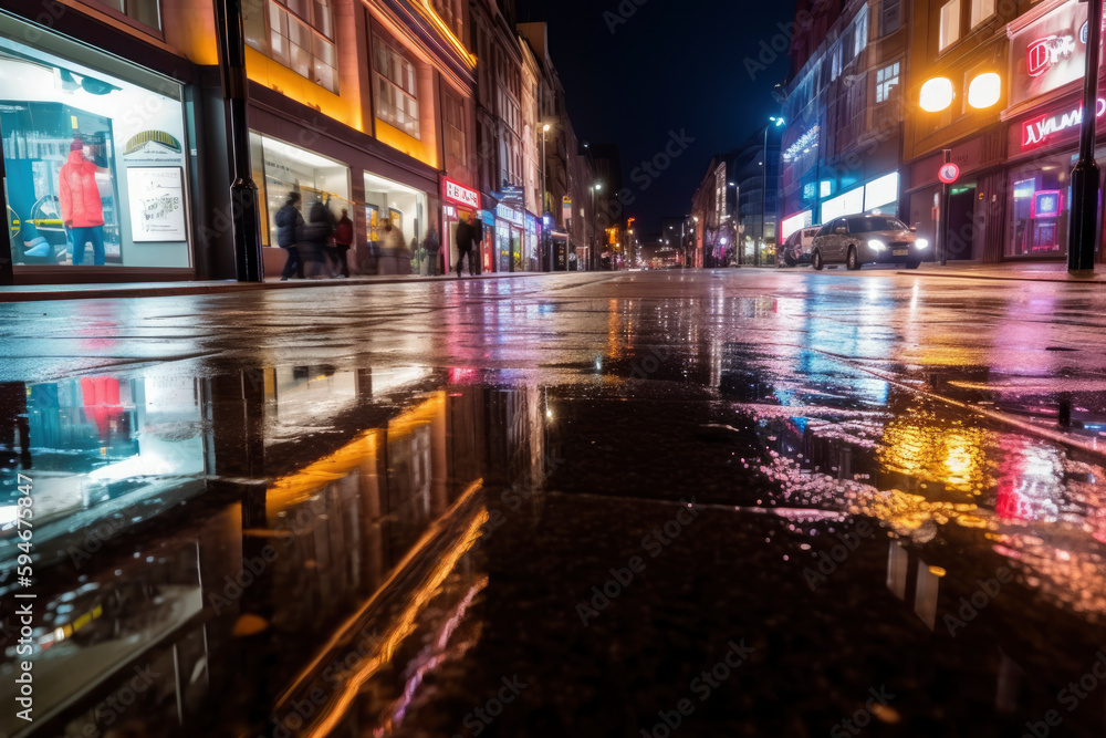 night treet with wet road and colorfuil building