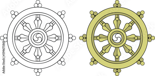 Dharma wheel Bhuddism symbol vector illustration. Chakra wheel.