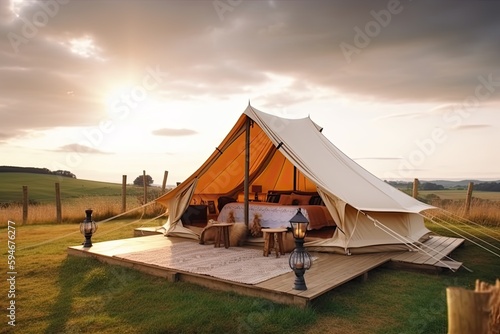 Glamping camping teepee tent,camping in the morning, ai generative