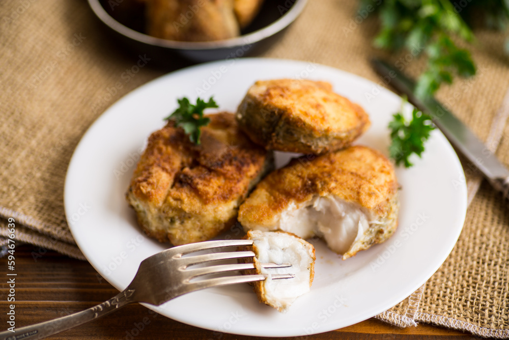 A piece of hake fish fried in a crispy crust, in a plate. A piece of hake fish fried in a crispy crust, in a plate.