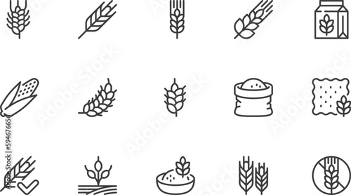 Cereal Line Icons Set. Wheat  Barley  Maize  Oatmeal  Flour  Grain. Editable Stroke. Pixel Perfect.