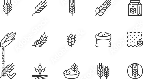Cereal Line Icons Set. Wheat, Barley, Maize, Oatmeal, Flour, Grain. Editable Stroke. Pixel Perfect.