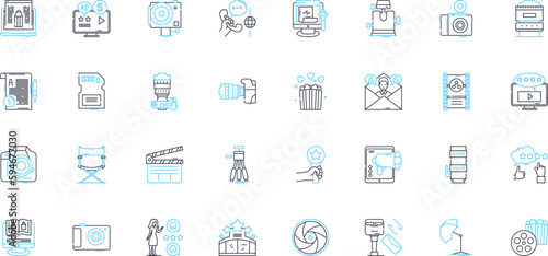 Movie theater linear icons set. Concession, Projection, Premiere, Matinee, Ticket, Screening, Atmosphere line vector and concept signs. Soundtrack,Recliner,Popcorn outline illustrations