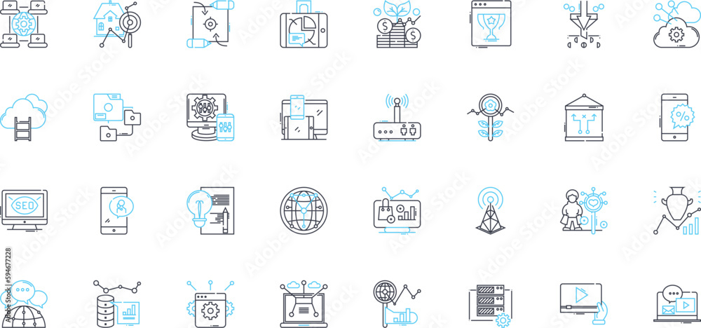 Search engine linear icons set. Google, Bing, Yahoo, DuckDuckGo, Ranking, Algorithm, Index line vector and concept signs. Optimization,Keywords,SERP outline illustrations - obrazy, fototapety, plakaty 