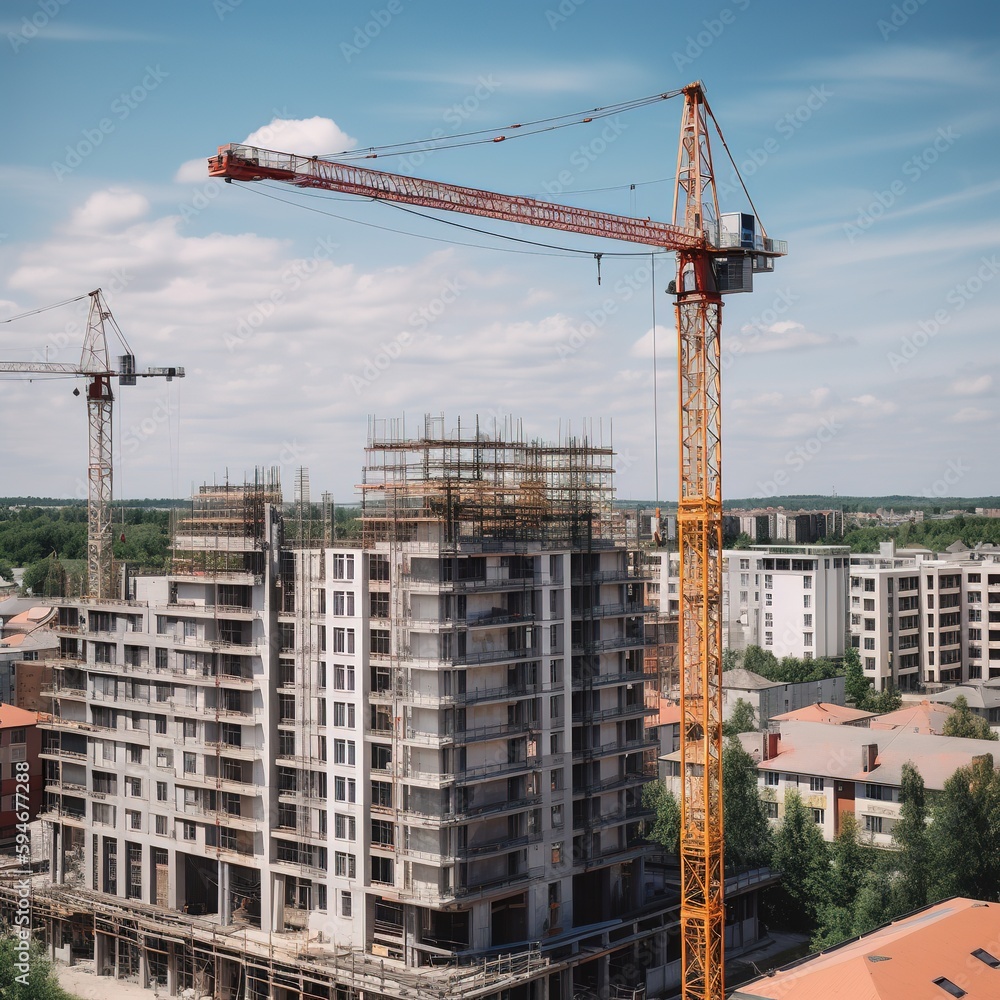 Crane on a new residential area construction site. generative ai Crane on a new residential area construction site. generative ai