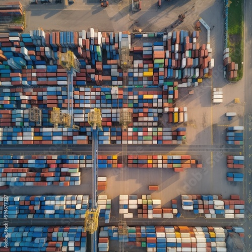 Logistics and transportation of a container cargo ship and a cargo plane in a shipyard at daybreak, logistic import export and transport industry background. generative ai