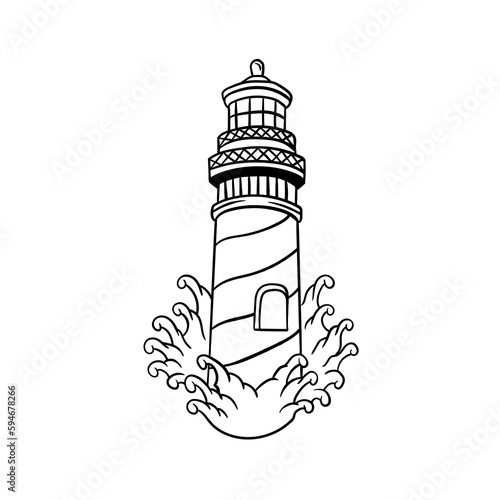 Hand drawn illustration of lighthouse and waves outline