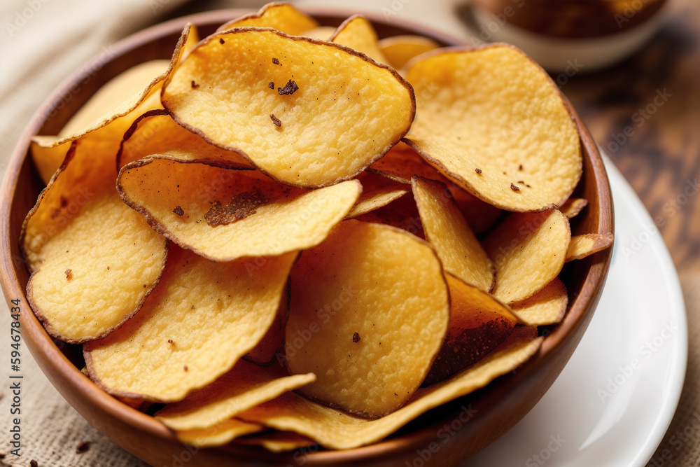 Potato chips in a bowl on a wooden background. Generative AI
