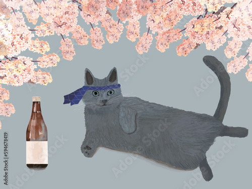 春お酒ラベルベージュグレー猫_横