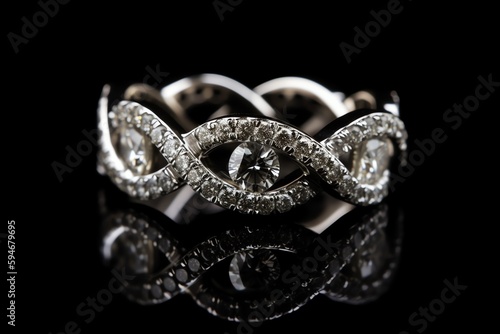 Interwoven Solitaire Diamond Engagement And Eternity Wedding Band On Black Background. Generative AI