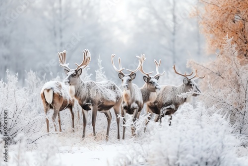 Spotted reindeer group walking in snowy Russian terrain. Christmas holiday. Generative AI