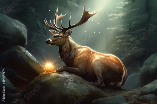 Painting of horned animal sitting on rock with bright light in forest. Christmas holiday. Generative AI