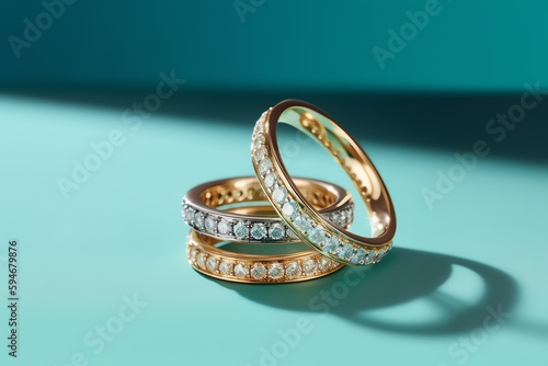 Three Diamond Eternity Rings On Turquoise Background. Generative AI photo