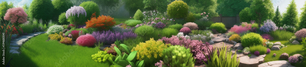 Obraz premium 植物があふれるエキゾチックで日本風の庭 横長サイズ ワイドサイズ