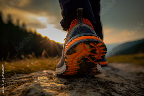 Sportly Hiking boots on mountain, generative ai photo