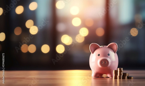 Investment Concept with Piggy Bank and Stack of Coins on Table Against Blurred Home Background