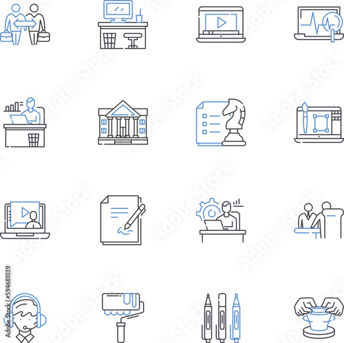 Roundtable discussion line icons collection. Dialogue, Symposium, Panel, Seminar, Conversation, Debate, Meeting vector and linear illustration. Conference,Collaboration,Discourse outline signs set