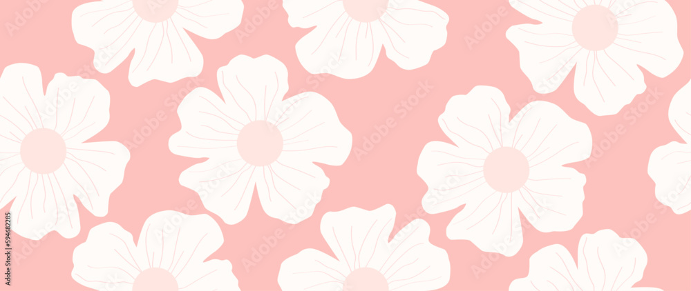 Vector flat summer background. Seamless pattern with delicate daisies and pink background. Cute floral print. Ideal for designing textiles, postcards, screensavers, covers and posters.