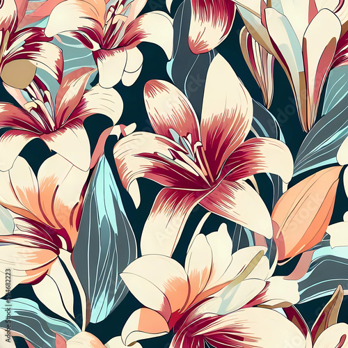 Seamless patterns with a lily floral print. Generative AI.