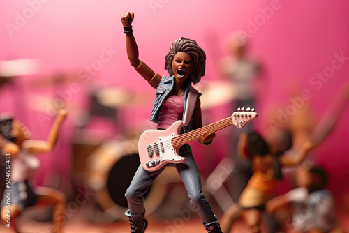 Miniature people figurine of female with curly hair and raises hand playing guitar on pink background, created with Generative AI.