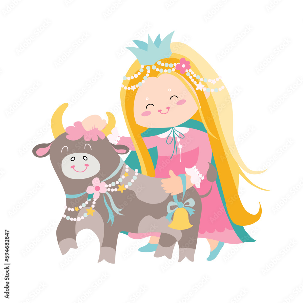 Zodiac signs cute illustration flat.
little princesses with calf like Taurus astrological sign.
Vector baby illustration isolated on white background. Astrological symbol as a cartoon character.