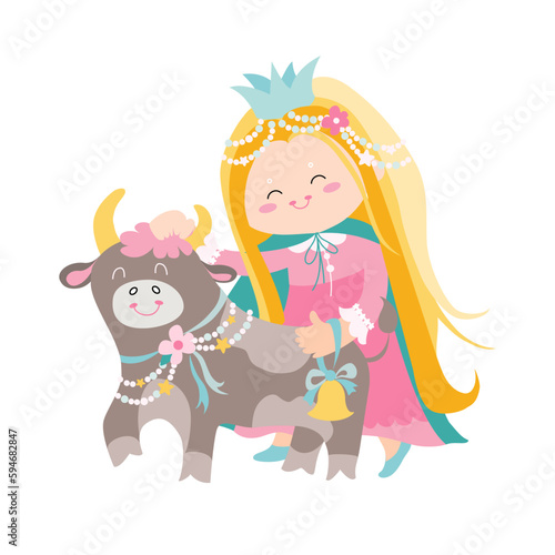 Zodiac signs cute illustration flat. little princesses with calf like Taurus astrological sign. Vector baby illustration isolated on white background. Astrological symbol as a cartoon character.