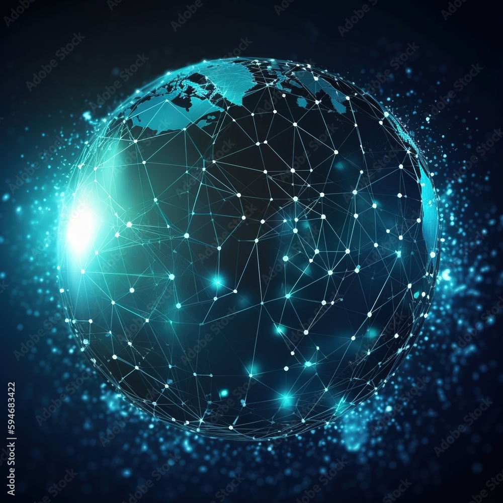 Blue polygonal globe hologram on dark background. generative ai Blue polygonal globe hologram on dark background. generative ai