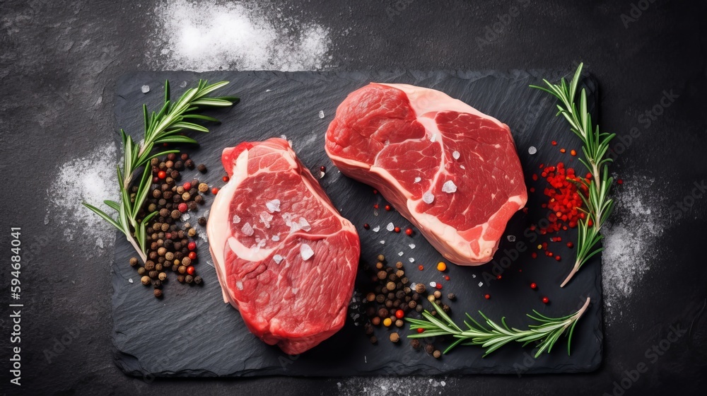 Meat Lover's Delight: Raw Steak on Slate - Two Raw Steaks on Dark Shale Rock Meat Lover's Delight: Raw Steak on Slate - Two Raw Steaks on Dark Shale Rock