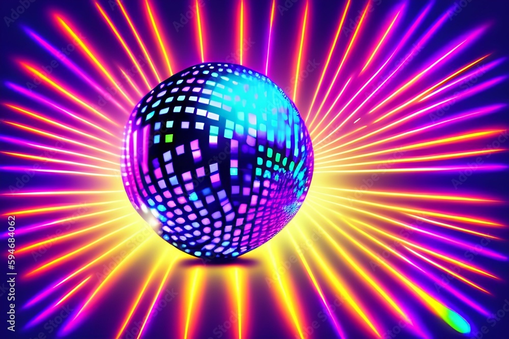 Obraz premium Neon illuminated disco ball with glowing rays. Music and dance night party background. - generative ai