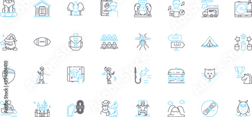 Wilderness retreat linear icons set. Nature, Solitude, Adventure, Meditation, Serenity, Isolation, Exploration line vector and concept signs. Relaxation,Wildlife,Hiking outline illustrations