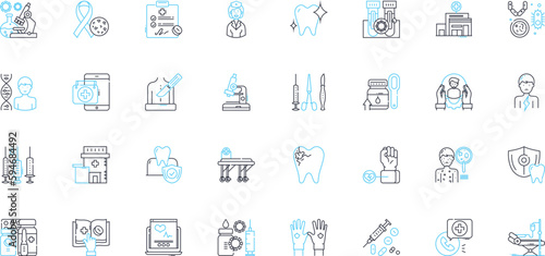 Tooth care linear icons set. Flossing, Brushing, Whitening, Cavity, Fluoride, Enamel, Braces line vector and concept signs. Plaque,Crown,Gum outline illustrations